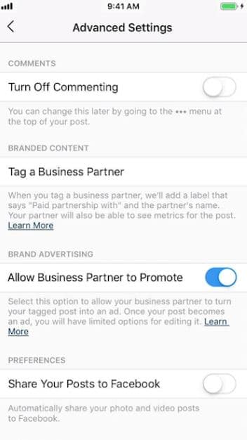 instagram branded content ads advanced settings